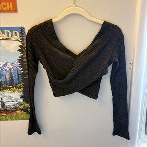 Gray Ribbed Wrap Top